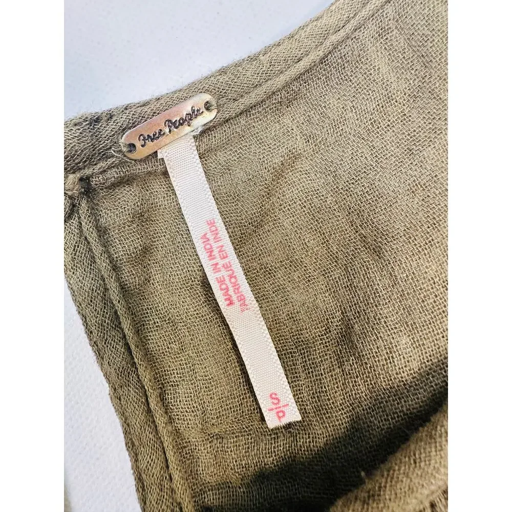 Free People Olive Green Billow Top Puffed Sleeves and Cropped Bubble Hem Size SM